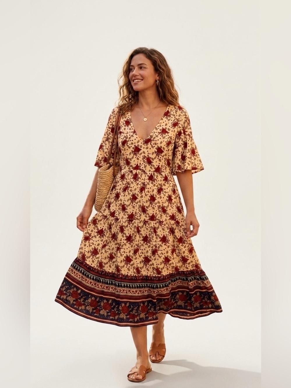Faithfull The Brand x Anthropologie Floral Midi Dress - Yellow/Red Rose, Size 6
